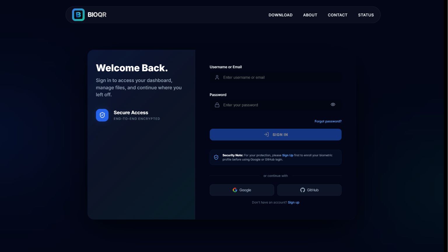 BioQR Login interface supporting biometric and standard logins