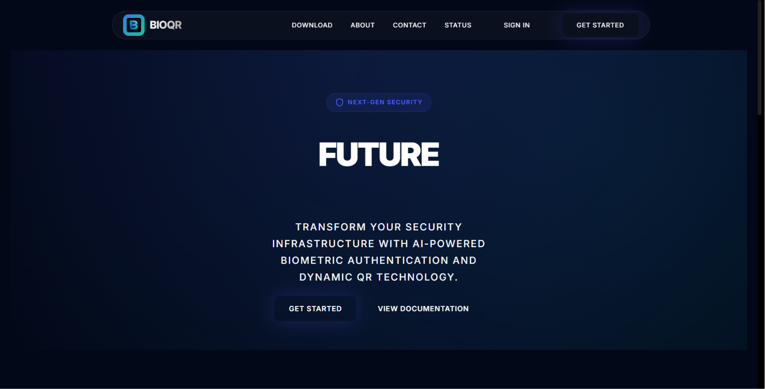 BioQR Homepage showing core security details and dynamic feature grids